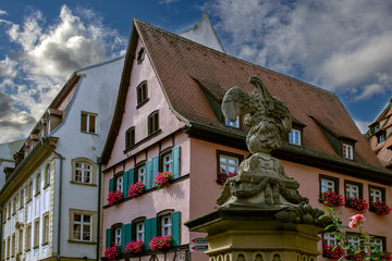 Fototapeta na wymiar BAMBERG. GERMANY.On september 14 2019. Bamberg Statue on the background аacade of medieval house. Attraction of Bamberg. Europe. European travel.