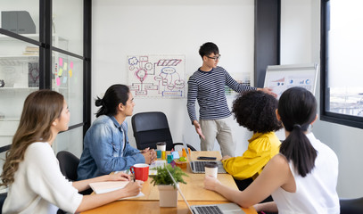 Group of Asian businessman writing on whiteboard during business presentation business people team meeting in modern office working design planning and ideas concept