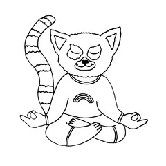 Hand drawn meditating lemur, isolated on white background. Perfect for coloring page for adults and kids, t-shirt design, emblem, decoration, etc. Vector illustration.