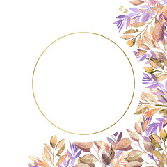 Watercolor hand painted botanical spring leaves and branches illustration round frame isolated on white background