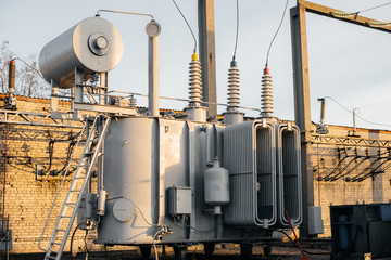 Power transformer at the electrical substation. Power engineering. Industry