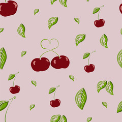 Cherry seamless pattern on pink background. Good for textile fabric print, wrapping, wallpapers, etc. Vector illustration.