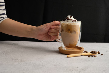 Coffee cup and beans top view with copyspace . flat lay latte for menu, background, banner and advertisement. brew caffeine drink and modern style.