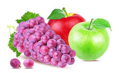 Fresh purple grapes and apples isolated on white background with clipping pass