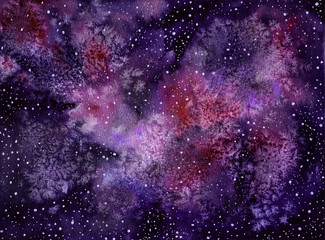 Hand painting watercolor space texture with glowing stars. Perfect for postcard, fabric print, decoration, etc. 