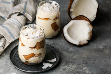 coconut tiramisu in glass, typical desert of Latin America region, Cuba and Colombia, tarta de coco
