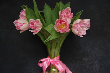 Pink Tulips in vase and ribbon dark background