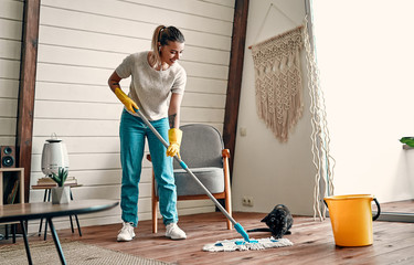 Woman doing house cleaning.