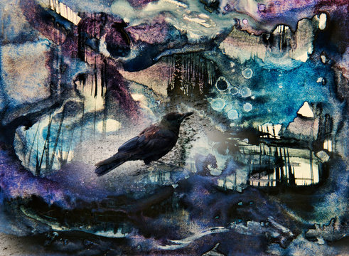Crow figure in a strange abstract landscape