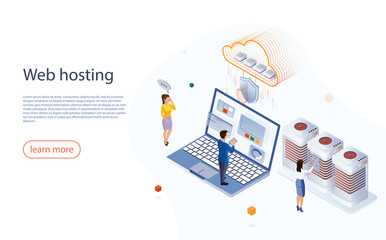 Web hosting concept with character. Big data flow processing concept, cloud data base. Concept cloud computing, data protected, online storage, cloud technology. Data center server.
