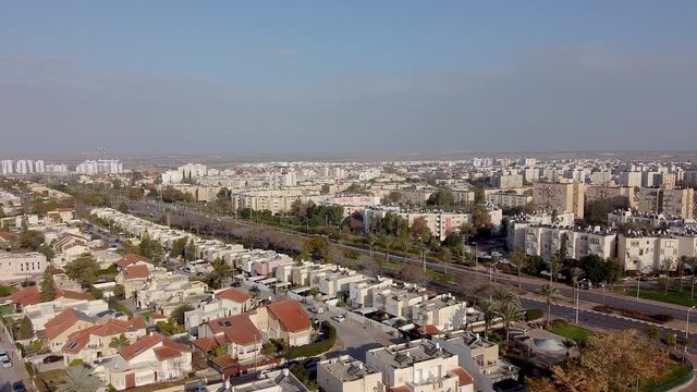 Camera on drone rotate over the district of private buildings in Beer-Sheva