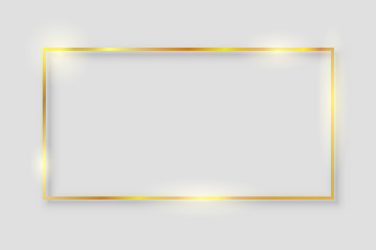 Golden luxury shiny glowing vintage frame with reflection and shadows. Isolated gold border decoration – vector