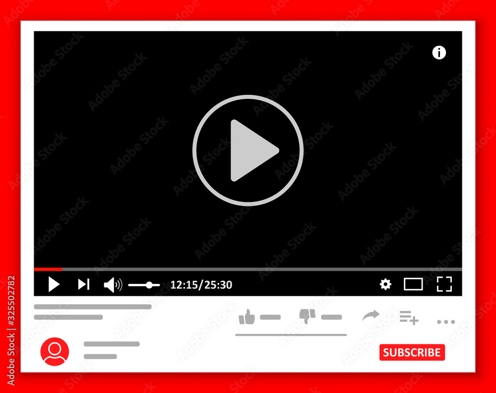 Poster Desktop web video player. Multimedia player social media, play video online window with navigation icons, modern social media video player interface template for web and mobile apps – vector