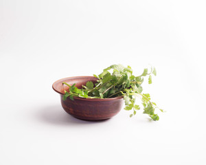 Obraz na płótnie Canvas greens in a traditional clay bowl on a white background