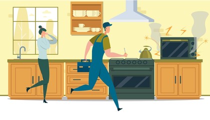 Man Electrician Fixing Broken Microwave Oven.