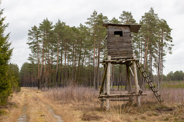 Hunting pulpit standing on the edge of the forest. Wooden structure for hunting.