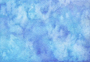 Dramatic blue and turquoise cloudscape wet watercolor background, wash technique. Bright stormy sky or deep water watercolour texture concept illustration