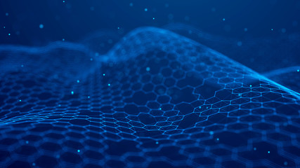 Futuristic blue hexagon background. Futuristic honeycomb concept. Wave of particles. 3D rendering. Data technology background - obrazy, fototapety, plakaty