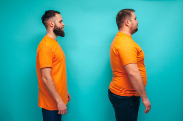 Portrait of man before and after weight loss. Sport or fast food. Sport motivation. Rejection of unhealthy lifestyle. Vegetarian, before after.