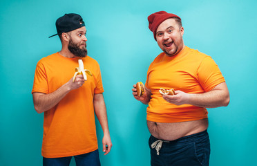 Portrait of man before and after weight loss. Sport or fast food. Sport motivation. Rejection of unhealthy lifestyle. Vegetarian, before after.