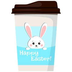 Easter cute white bunny on paper coffee or tea cup icon isolated on white background.