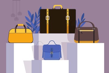 Collection of bags in fashion store showcase, vector illustration. Designer brand boutique, handbags and suitcases for men and women. Luxury accessories shop, trendy bags for casual quality lifestyle
