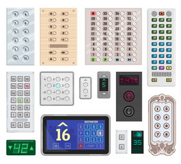 Elevator buttons menu isolated vector illustration set. UI UX up and down button lift control panels in modern and vintage design for transportation indooors. Collection elevating buttons table screen © Vectorwonderland