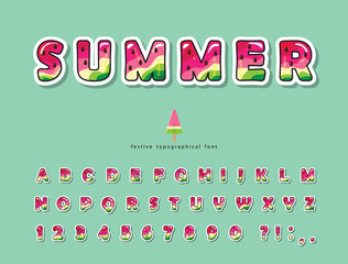 Watermelon summer trendy font. Cartoon decorative paper cut out alphabet. Cute funny letters and numbers. For poster, banner, T-shirt, brochure design. Vector