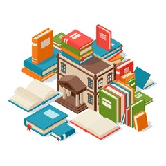Library building surrounded by books, concept of reading and education, vector illustration. Piles of isometric books, banner for library, bookstore or university. Read literature, knowledge concept