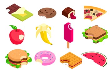 Food vector bitten dessert tasty cake. Eating sweet doughnut, fast food burger isometric illustration. Set of sweet ice cream and fruits apple, banana isolated on white background.
