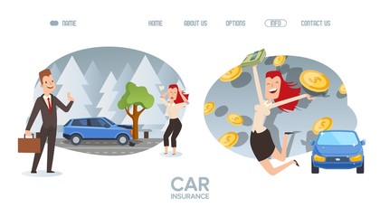 Car insurance website, happy woman cartoon character, vector illustration. Insurance agent helps customer to solve problem with car and get money refund. Compensation for road accident, happy people