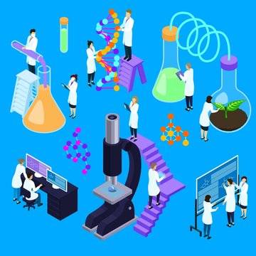 People In Lab Isometric Vector Set Scientists, Professional Chemists And Medical Characters Doing Chemical Experiments In Laboratory. Illustration Isolated Of Scientific Equipment Microscope.