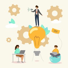 Business idea of creative people brainstorming teamwork startup, innovation, solution vector illustration. Idea concept with lightbulb, gears, characters, loudspeaker, laptops.