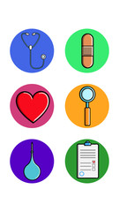 Set of six round icons for topical with medical medical pharmacological objects heart spetoscope band-aid magnifier document enema on a white background. Vector illustration