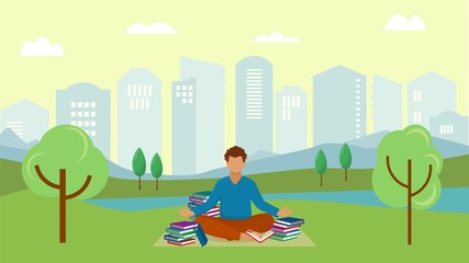 Student young man meditates in city urban park vector illustration. Meditating guy sitting on grass in yoga lotus position with many books reading learning for session examination.