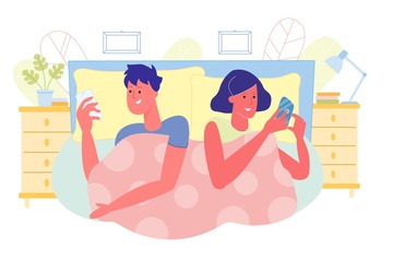 Spouses Lying in Bed and Chatting in Smartphone