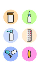 A set of six round icons for topical with medical medical pharmacological items a jar of pills, drops for the nose, spray, pill on a white background. Vector illustration