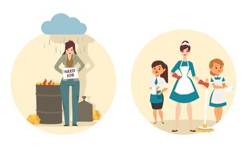 Jobless woman finds new job as maid, people before and after employment, vector illustration. Cleaning lady at work, cartoon character in hotel uniform. Social program for unemployed people, job women