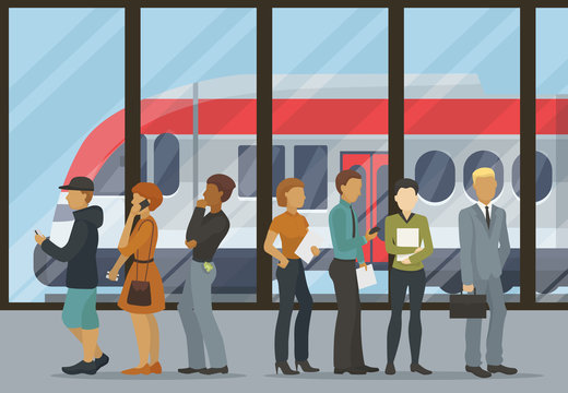 People group stand in queue for boarding train vector illustration. Different people man woman waiting for train departure on platform. Metro subway or railway passenger travel transportation station.