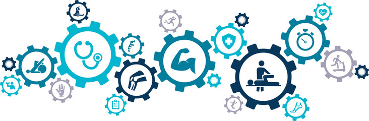 Sports medicine vector illustration. Concept with connected icons related to treatment of sports and exercise injuries, fitness and rehabilitation.