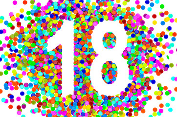 18 from colored confetti. 3D rendering