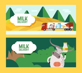 Milk and dairy products delivery, farm food banner in flat style, truck and cow, vector illustration. Farmer milk delivery truck, funny cow cartoon character advertising fresh milk. Farmland landscape