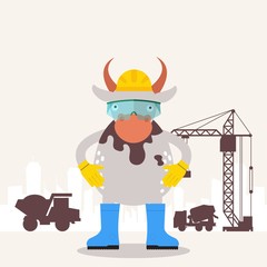 Cow builder engineer, funny cartoon character, construction site childish mascot, vector illustration. Industrial building project, urban construction crane. Cow in builder uniform, simple flat style