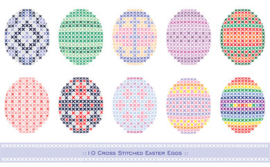 Ten cross stitched 3D Easter eggs, isolated, different patterns.