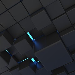 Abstract background of black cubes glowing with blue light