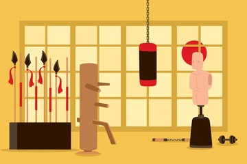 Martial arts training room gym, empty fight club, karate studio interior, vector illustration. Equipment for karate, judo and kickboxing workout, oriental martial arts training room in flat style © Vectorvstocker