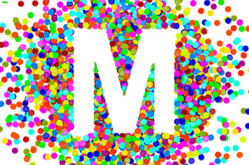 Confetti font, letter M from colored confetti. 3D rendering