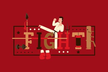 Martial arts typography poster, karate fighter cartoon character in traditional gi uniform, vector illustration. Fight club booklet, man practice karate, judo kickboxing workout, martial arts training © Vectorvstocker