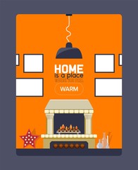 Fototapeta premium Inspirational quote about home, fireplace and frame on wall, brochure cover template, vector illustration. Typographic phrase, home is place where you feel warm. Fireplace store booklet in flat style