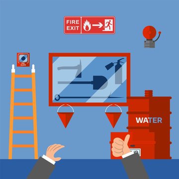 Fire Safety Measures Inspection In Office Building, Emergency Security System, Vector Illustration. Inspector Approves Fire Safety Equipment, Emergency Evacuation Instructions. Extinguisher, Spade, Ax